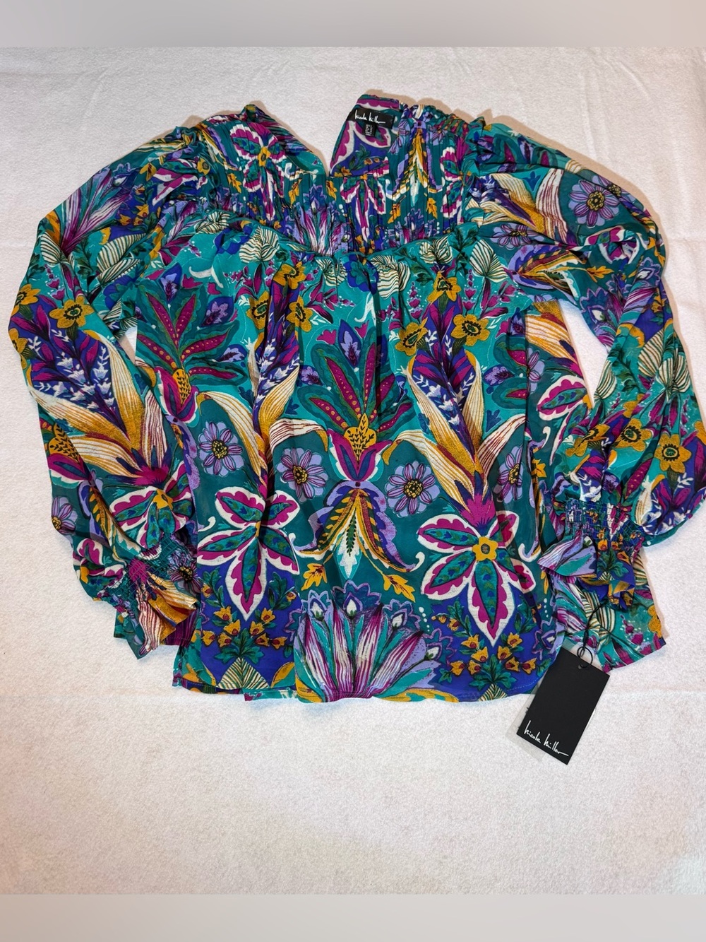 NWT Nicole Miller Teal Multicolor Floral Peasant Blouse SMALL
